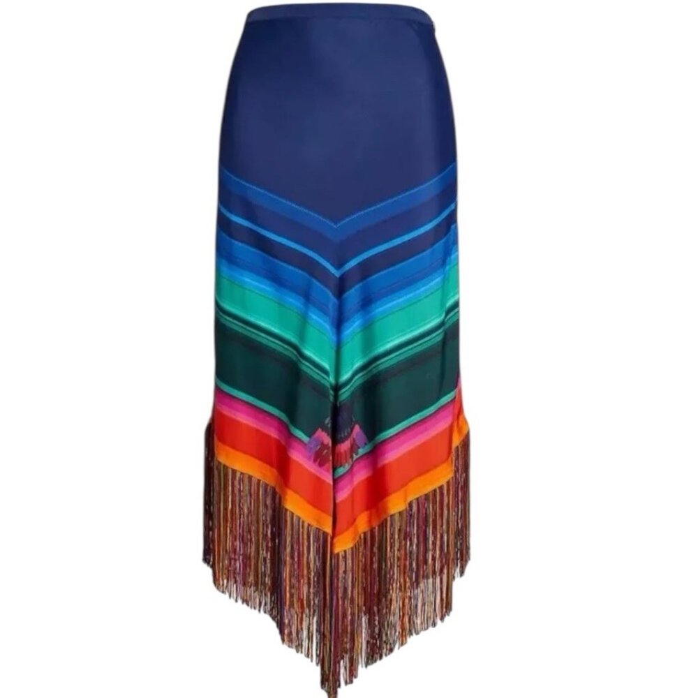 FARM Rio Navy Multicolor Chevron Fringe Maxi Skirt
